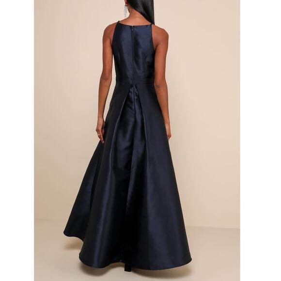Lulus NWT Broadway Show Navy Blue High-Low Taffeta Pleated Gown Dress Medium - Picture 7 of 11